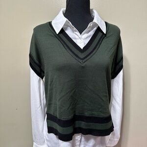 Chic Green and Black V-Neck Sweater Blouse